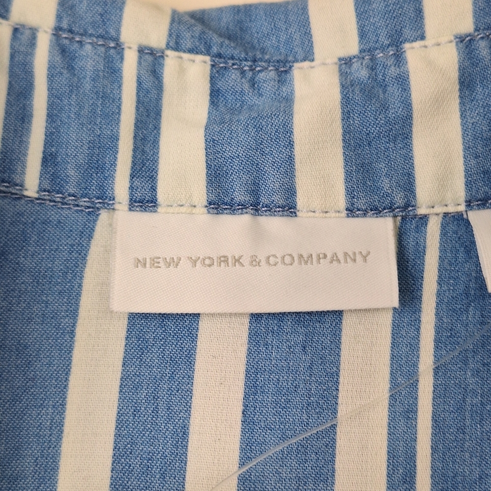 New York & Company Blue White Stripe Button‎ Up Shirt - Picture 10 of 15